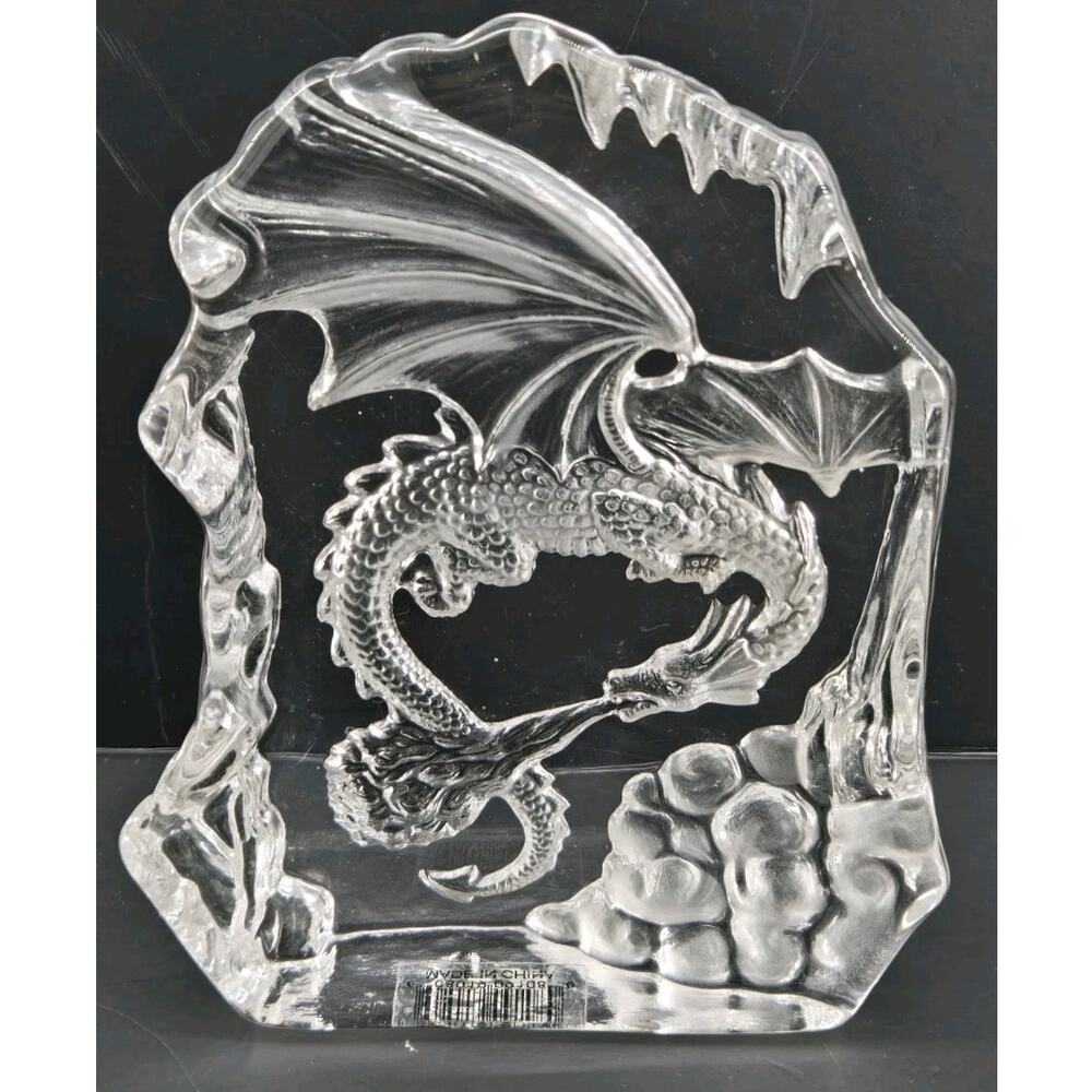 Crystal Art Glass Reverse Etched Dragon Statue Bookend Paperweight Fantasy